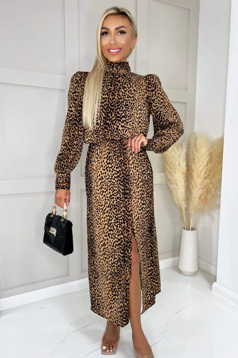 Camel Animal Print High Neck Long Sleeve Midi Dress sold by AX Paris product image thumbnail 4