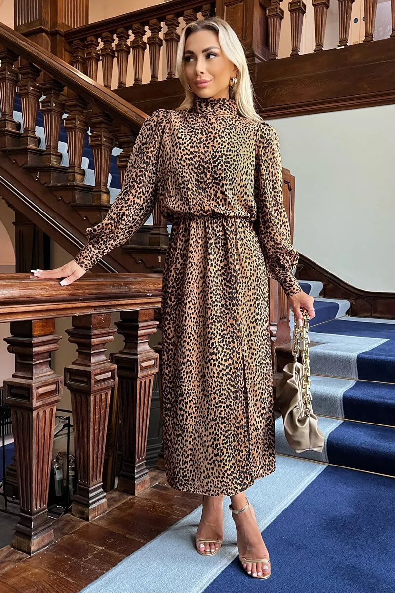 Camel Animal Print High Neck Long Sleeve Midi Dress sold by AX Paris product image thumbnail 2