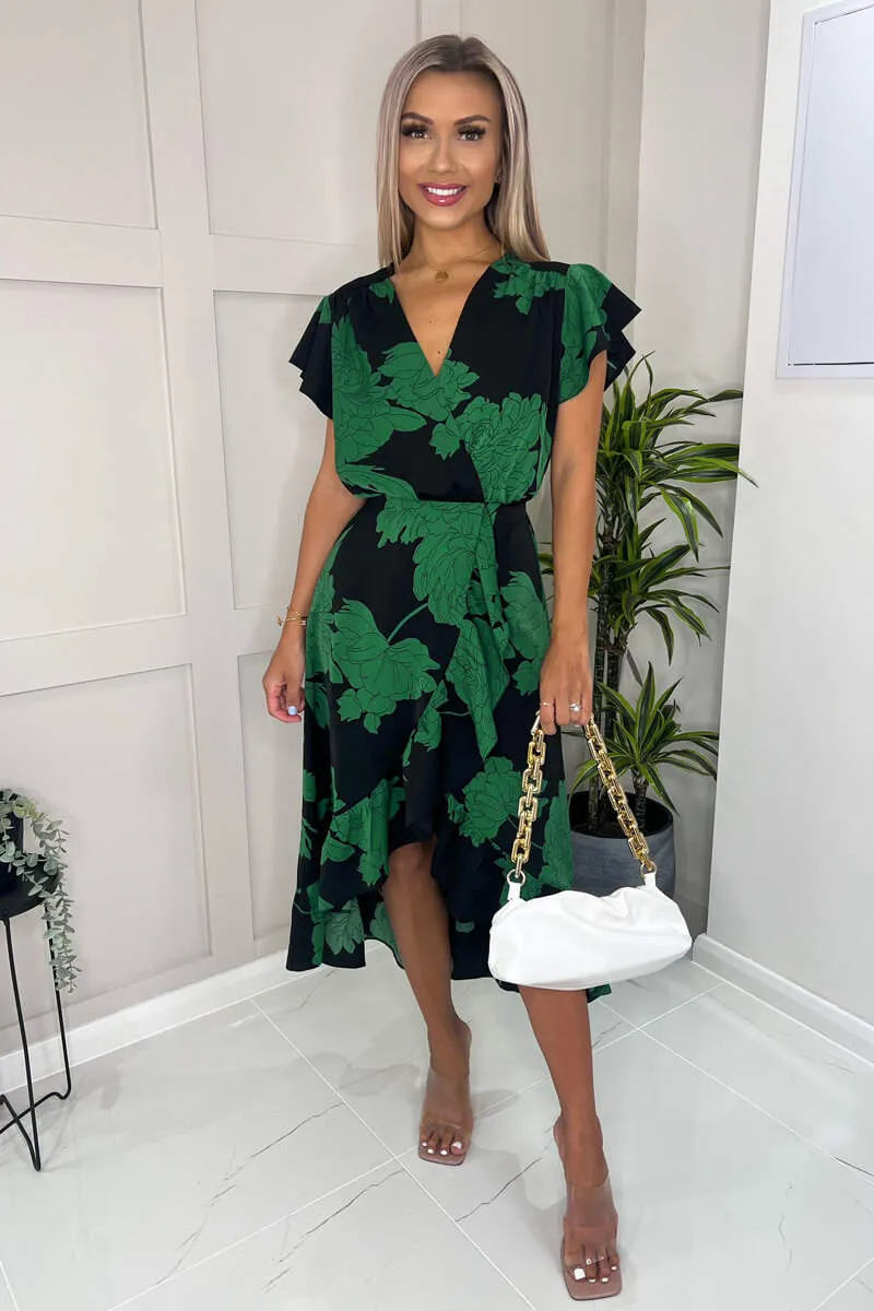 Black And Green Floral Print Wrap Midi Dress sold by AX Paris product image thumbnail 2