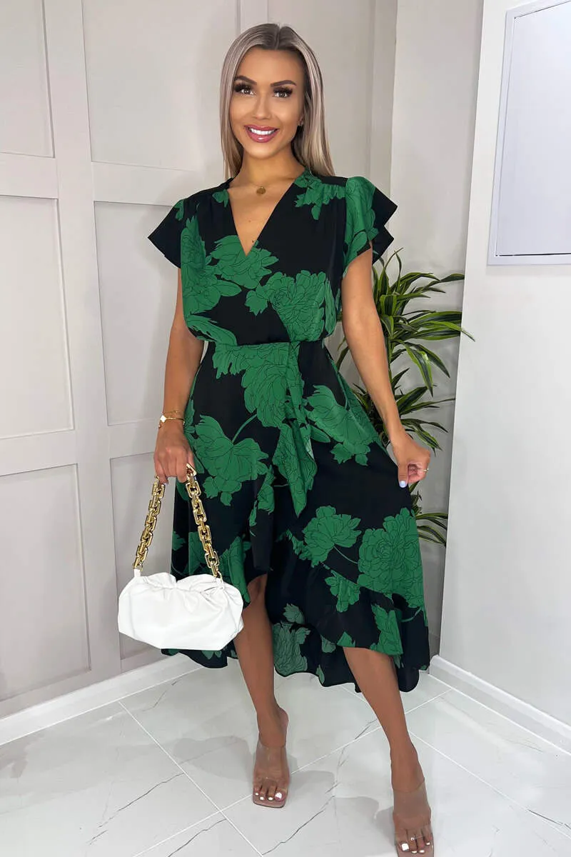 Black And Green Floral Print Wrap Midi Dress sold by AX Paris