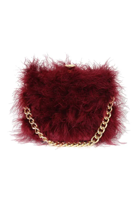 Burgundy Feather Gold Chain Clutch Bag sold by AX Paris