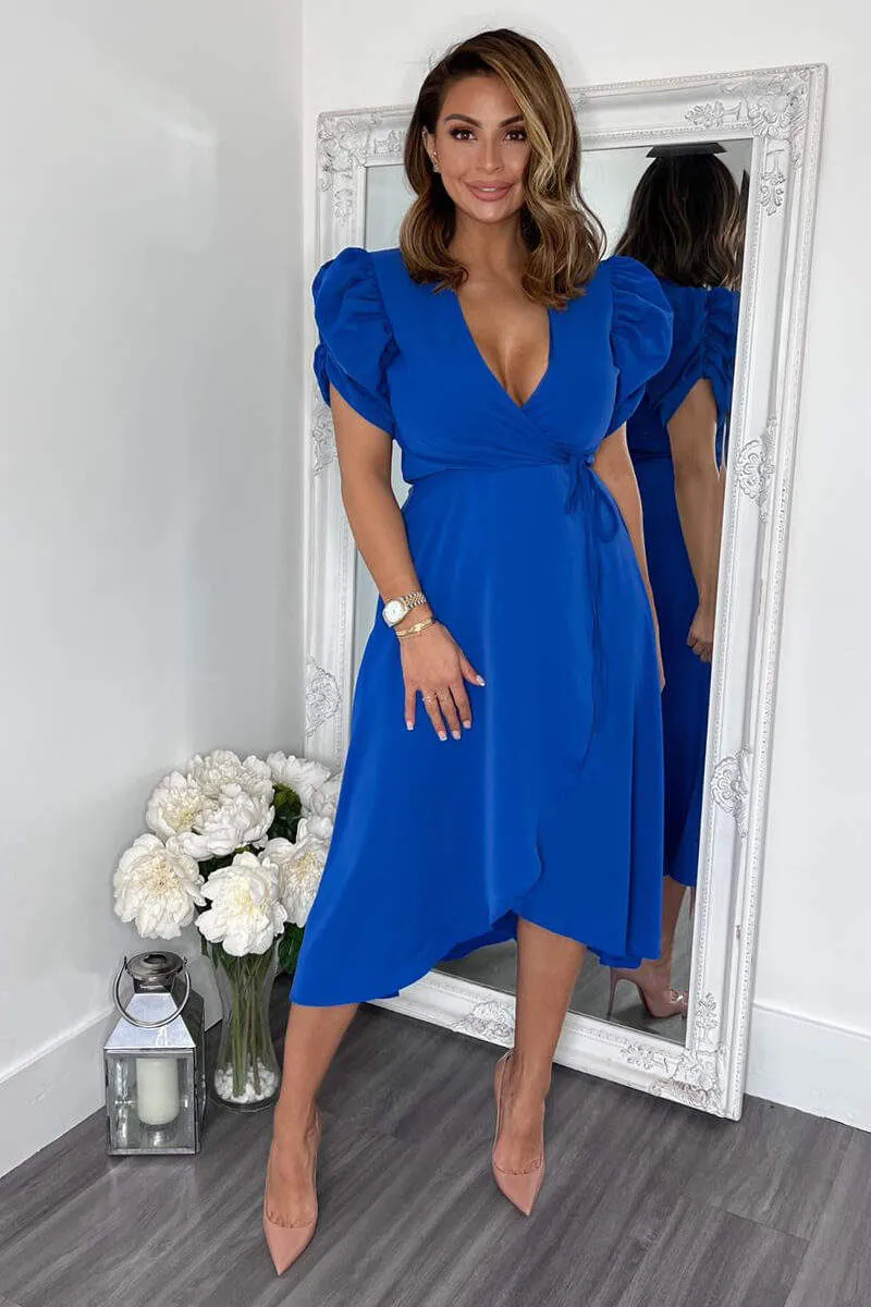 Blue Wrap Over Tie Midi Dress sold by AX Paris