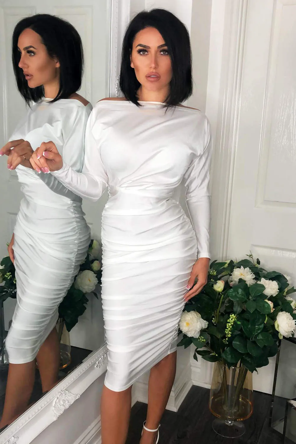 White Boat Neck Dress With Ruched Detail sold by AX Paris product image thumbnail 5