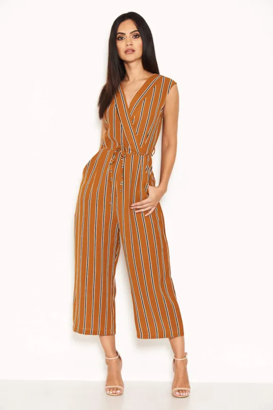 Mustard Stripe Culotte Jumpsuit With V Neck sold by AX Paris