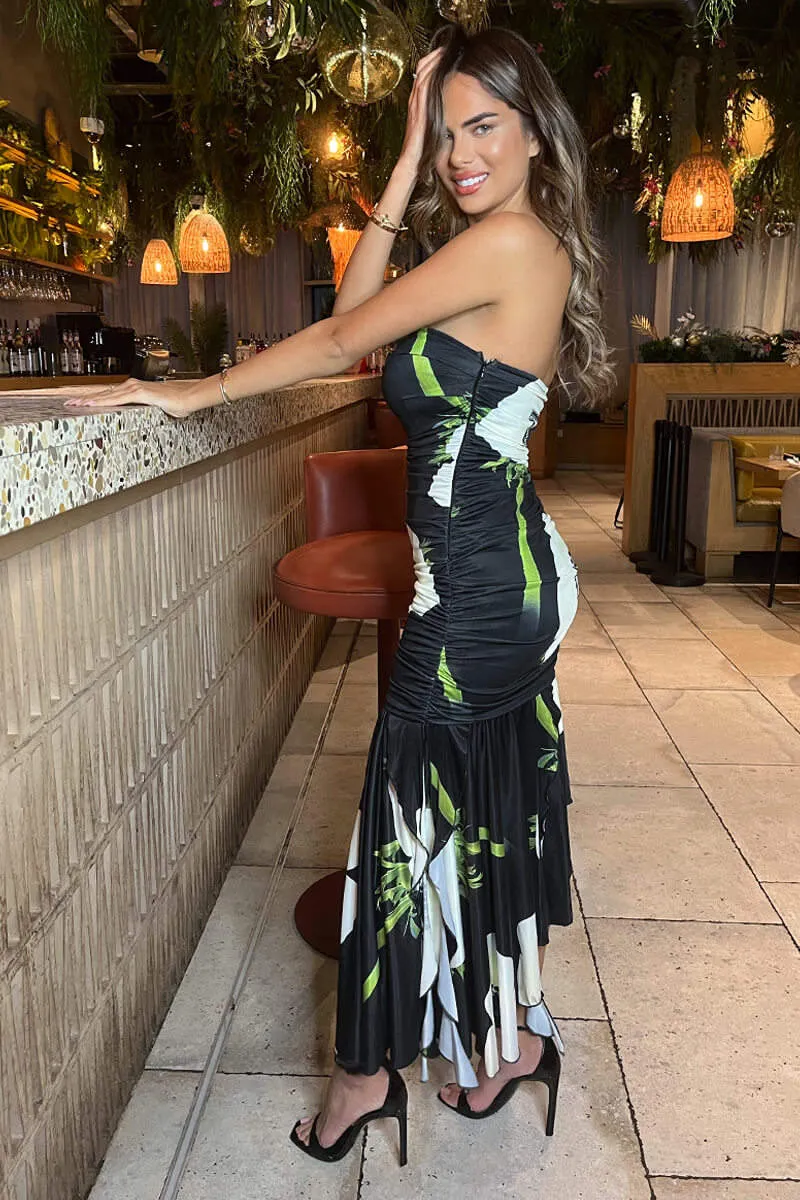 Black Floral Printed Strapless Ruched Midi Dress sold by AX Paris product image thumbnail 4