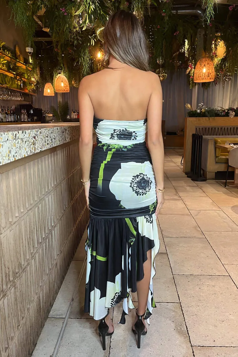 Black Floral Printed Strapless Ruched Midi Dress sold by AX Paris product image thumbnail 5