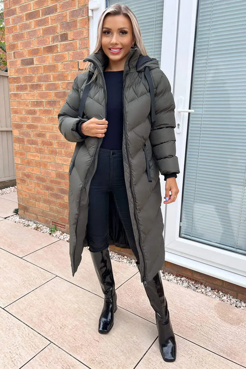 Khaki Hooded Puffer Coat with Zip Front Pockets sold by AX Paris