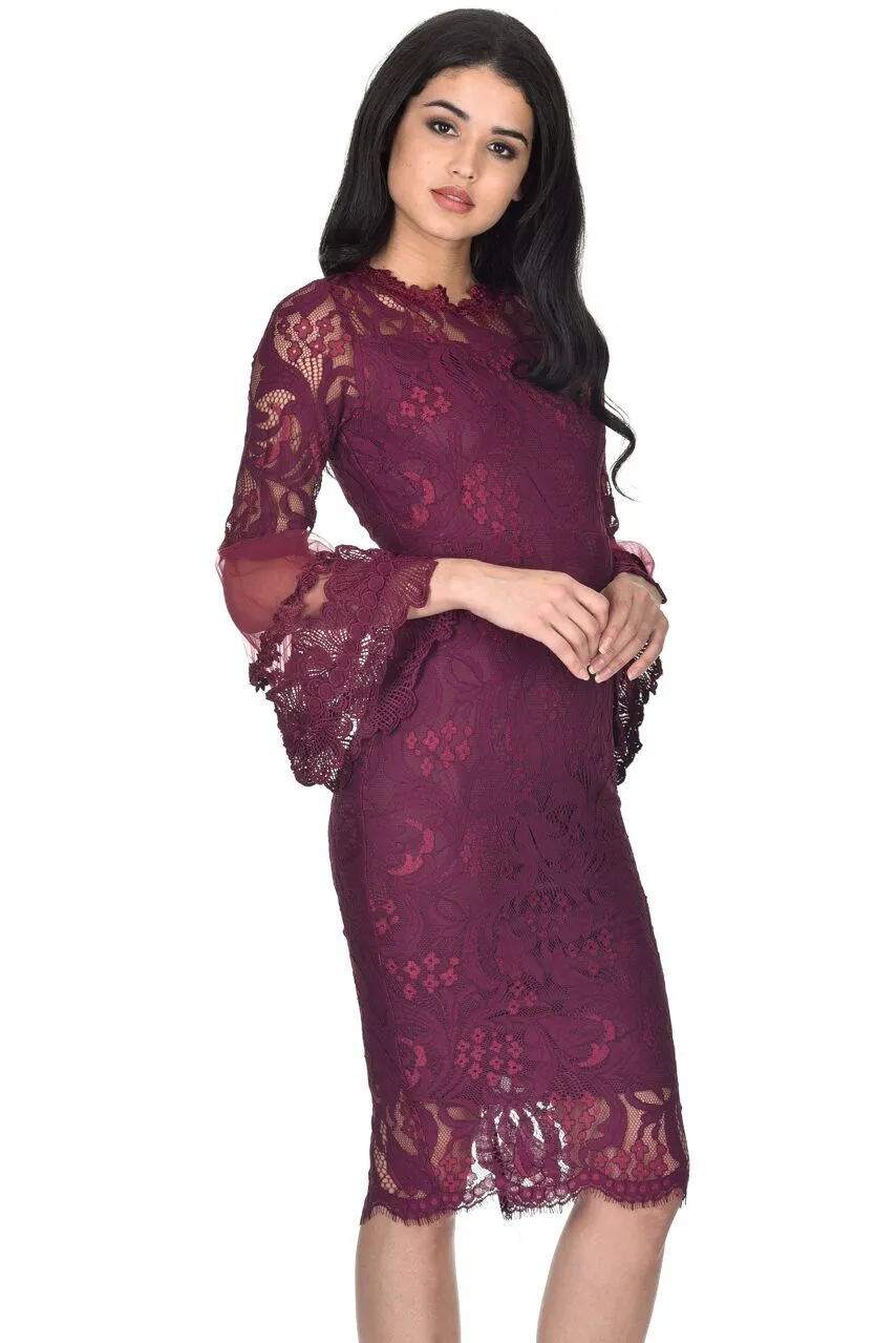 Plum Lace Frill Sleeve Midi Dress sold by AX Paris