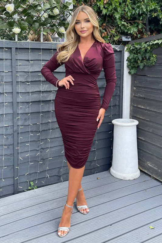 Plum Ruched Long Sleeve Cross Front Midi Dress sold by AX Paris