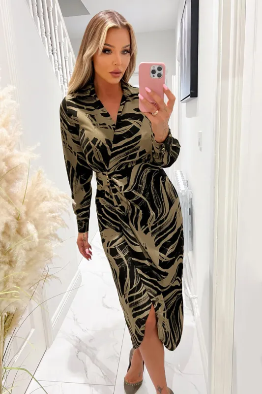 Black and Khaki Print Wrap Collared Midi Dress sold by AX Paris