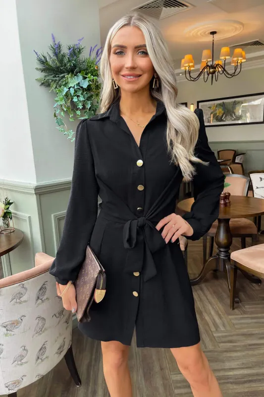 Black Button Tie Front Mini Shirt Dress sold by AX Paris