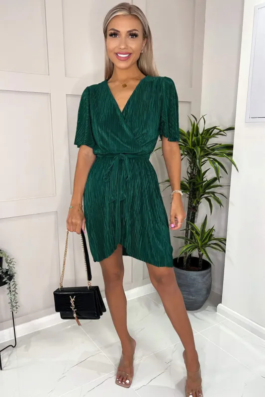 Green Wrap Top Belted Short Sleeve Plisse Mini Dress sold by AX Paris