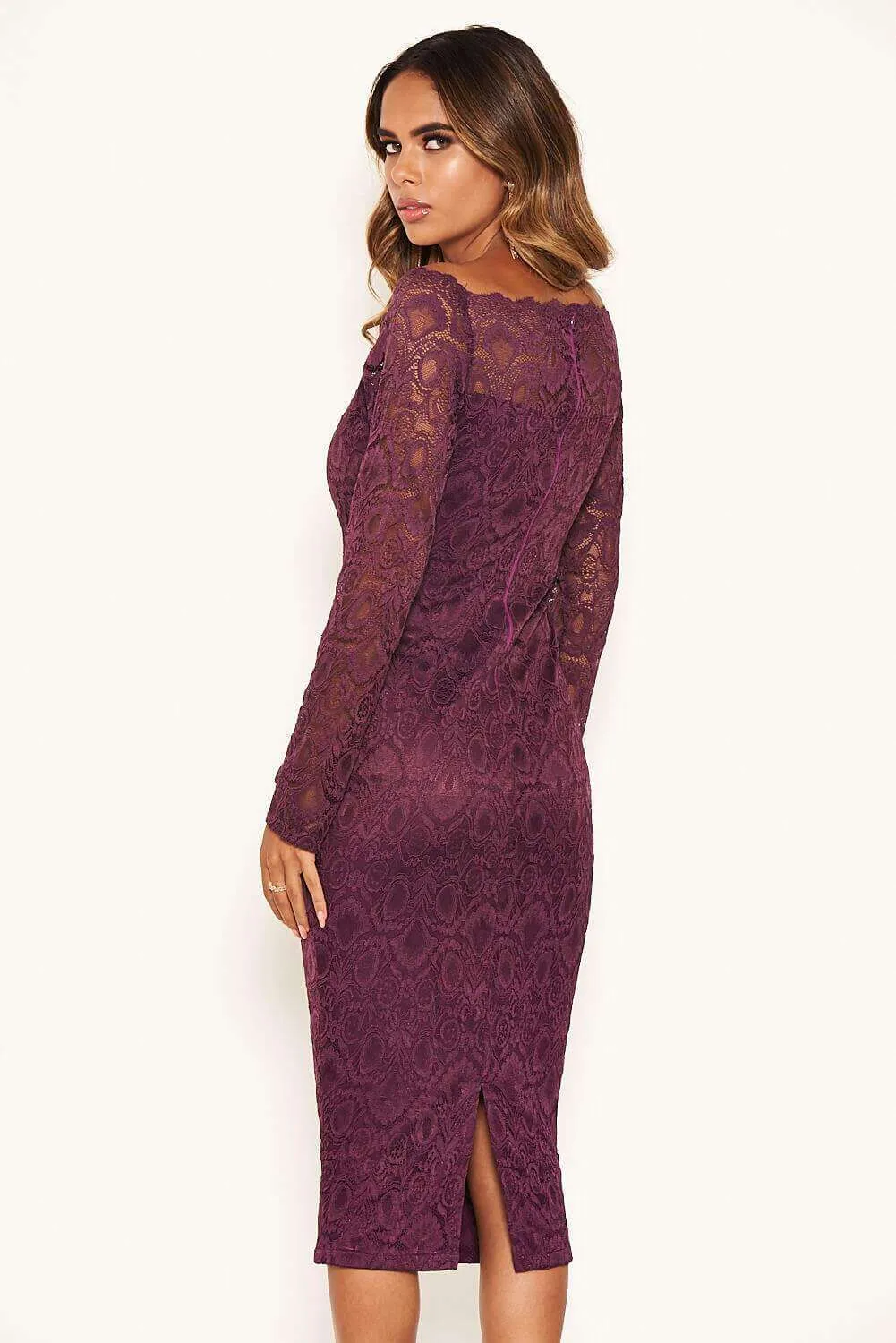 Plum Off The Shoulder Lace Dress sold by AX Paris product image thumbnail 3