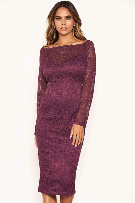 Plum Off The Shoulder Lace Dress sold by AX Paris
