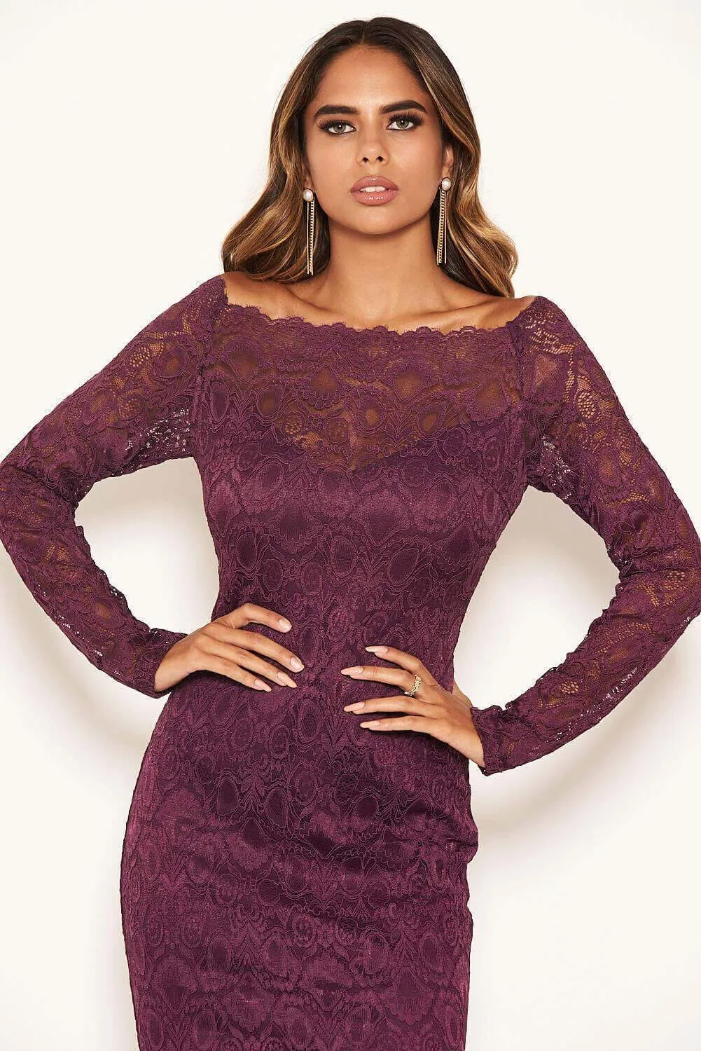 Plum Off The Shoulder Lace Dress sold by AX Paris product image thumbnail 5