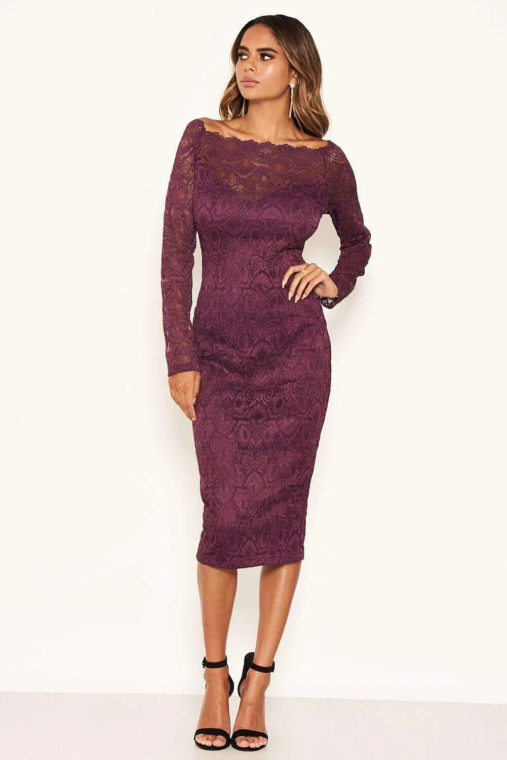 Plum Off The Shoulder Lace Dress sold by AX Paris product image thumbnail 2