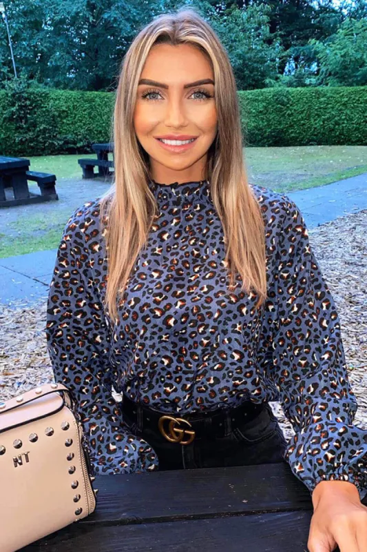 Blue Animal Print High Neck Elasticated Top sold by AX Paris