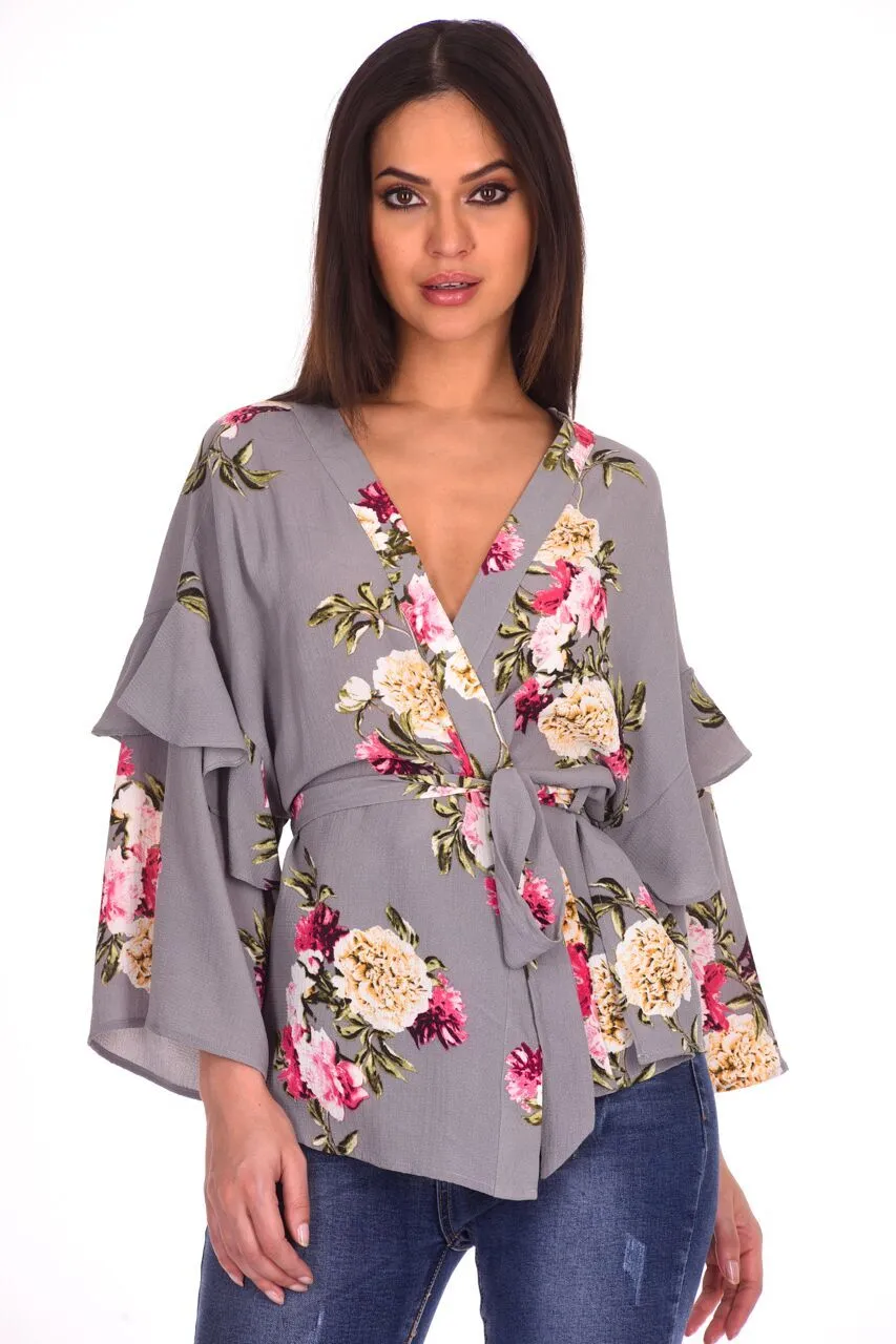Grey Floral Print Wrap Top sold by AX Paris