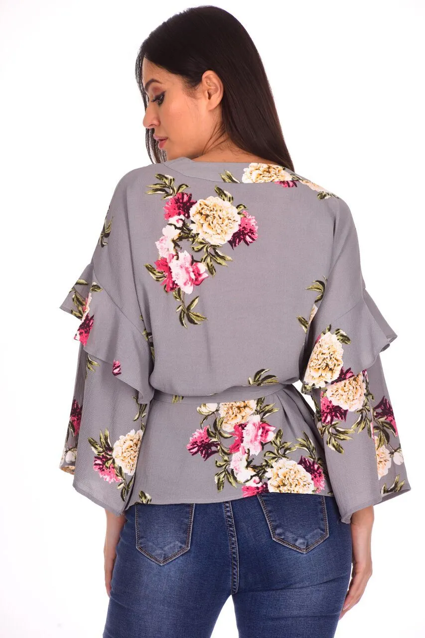 Grey Floral Print Wrap Top sold by AX Paris product image thumbnail 3