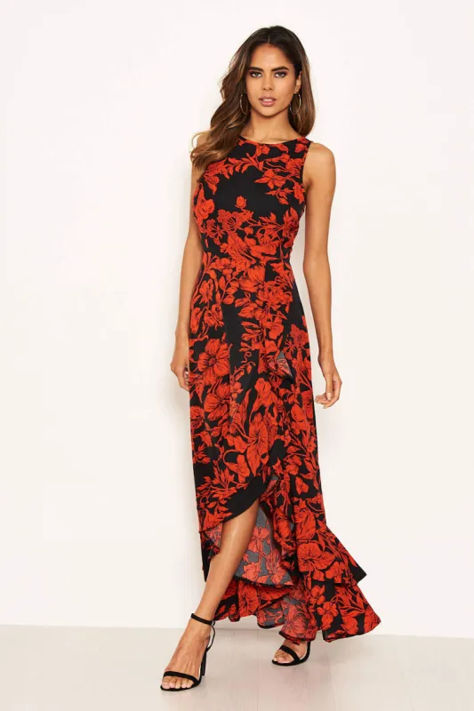 Red Floral Frill Hem Maxi Dress sold by AX Paris
