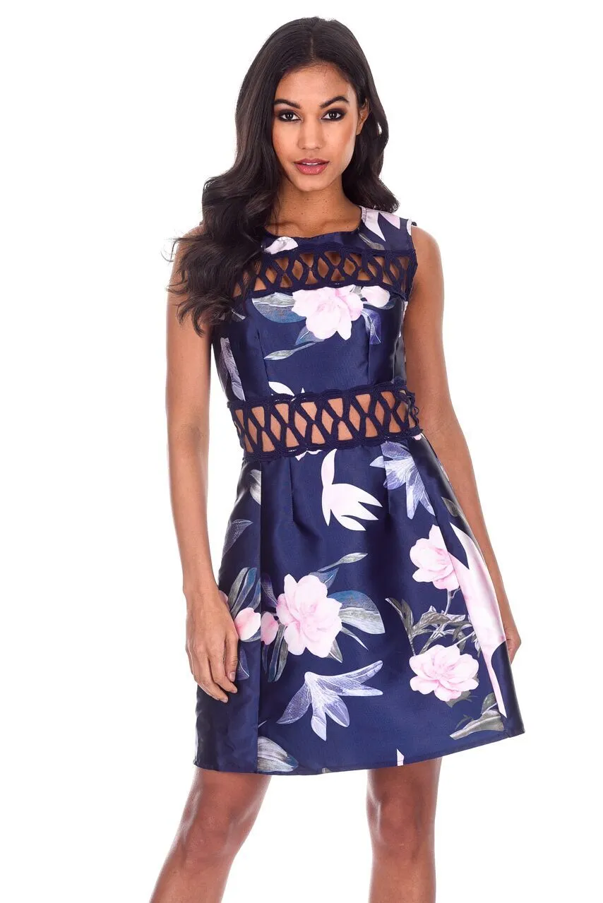 Navy Floral Crochet Detail Skater Dress sold by AX Paris