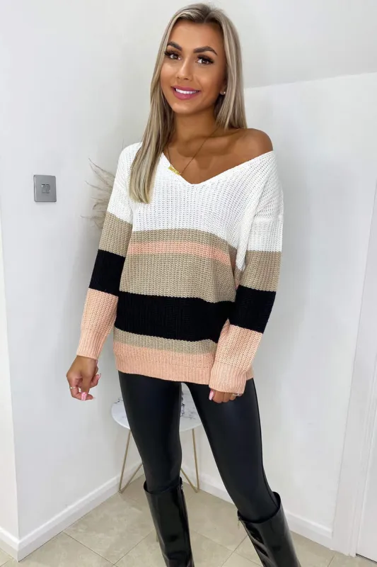 Pink V Front Colour Block Striped Knitted Jumper sold by AX Paris