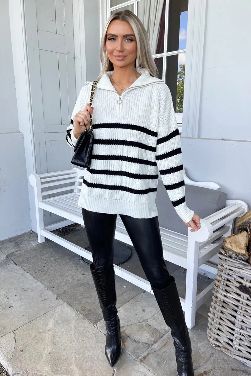 Cream And Black Zip Front Striped Knitted Jumper sold by AX Paris product image thumbnail 2
