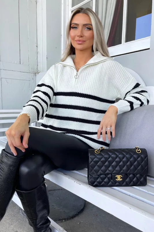 Cream And Black Zip Front Striped Knitted Jumper sold by AX Paris