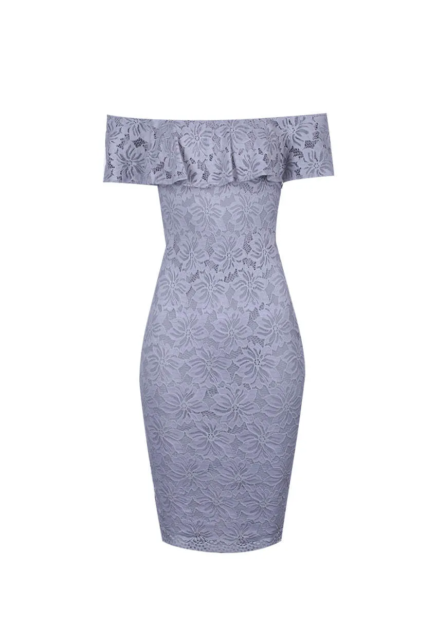 Silver Ruffled Off The Shoulder Lace Midi Dress sold by AX Paris product image thumbnail 4
