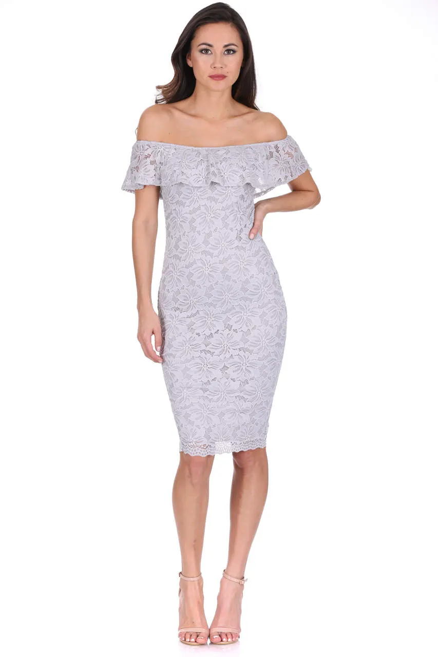 Silver Ruffled Off The Shoulder Lace Midi Dress sold by AX Paris product image thumbnail 2