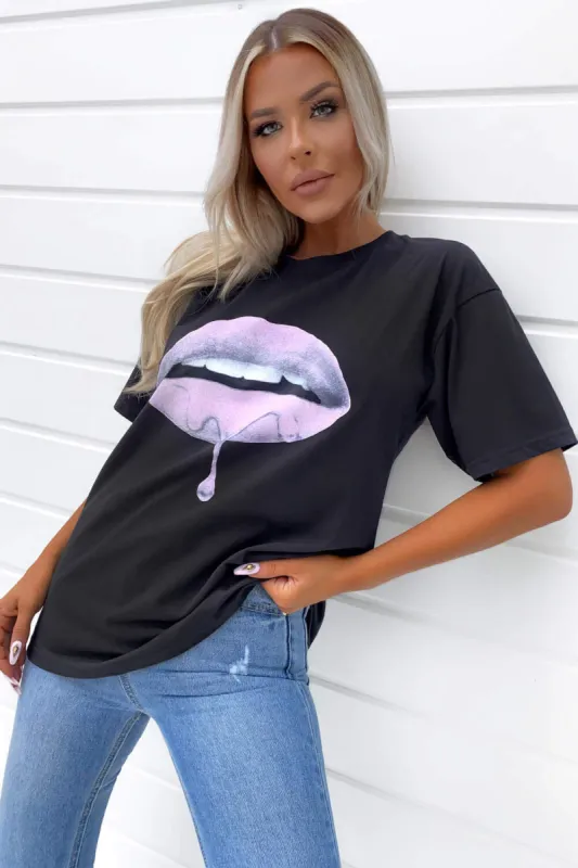Black Pink Lip T-Shirt sold by AX Paris