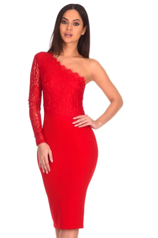 Red Lace Detail Asymmetric Midi Dress sold by AX Paris