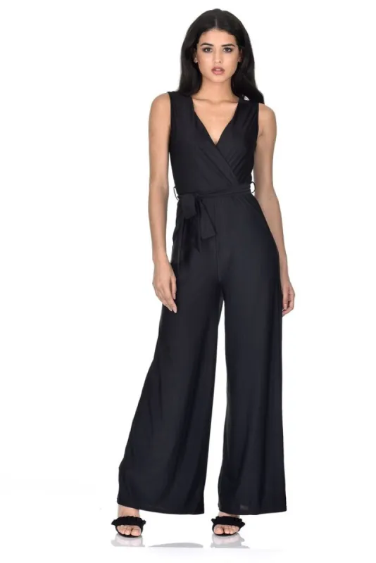 Black Wrap Front Slinky Jumpsuit sold by AX Paris