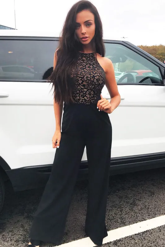 Black Nude Lace Halter Neck Straight Leg Jumpsuit sold by AX Paris