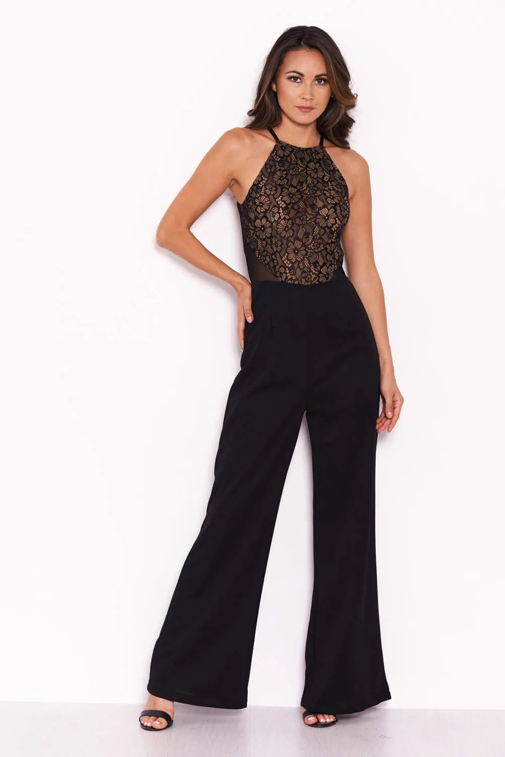 Black Nude Lace Halter Neck Straight Leg Jumpsuit sold by AX Paris product image thumbnail 2