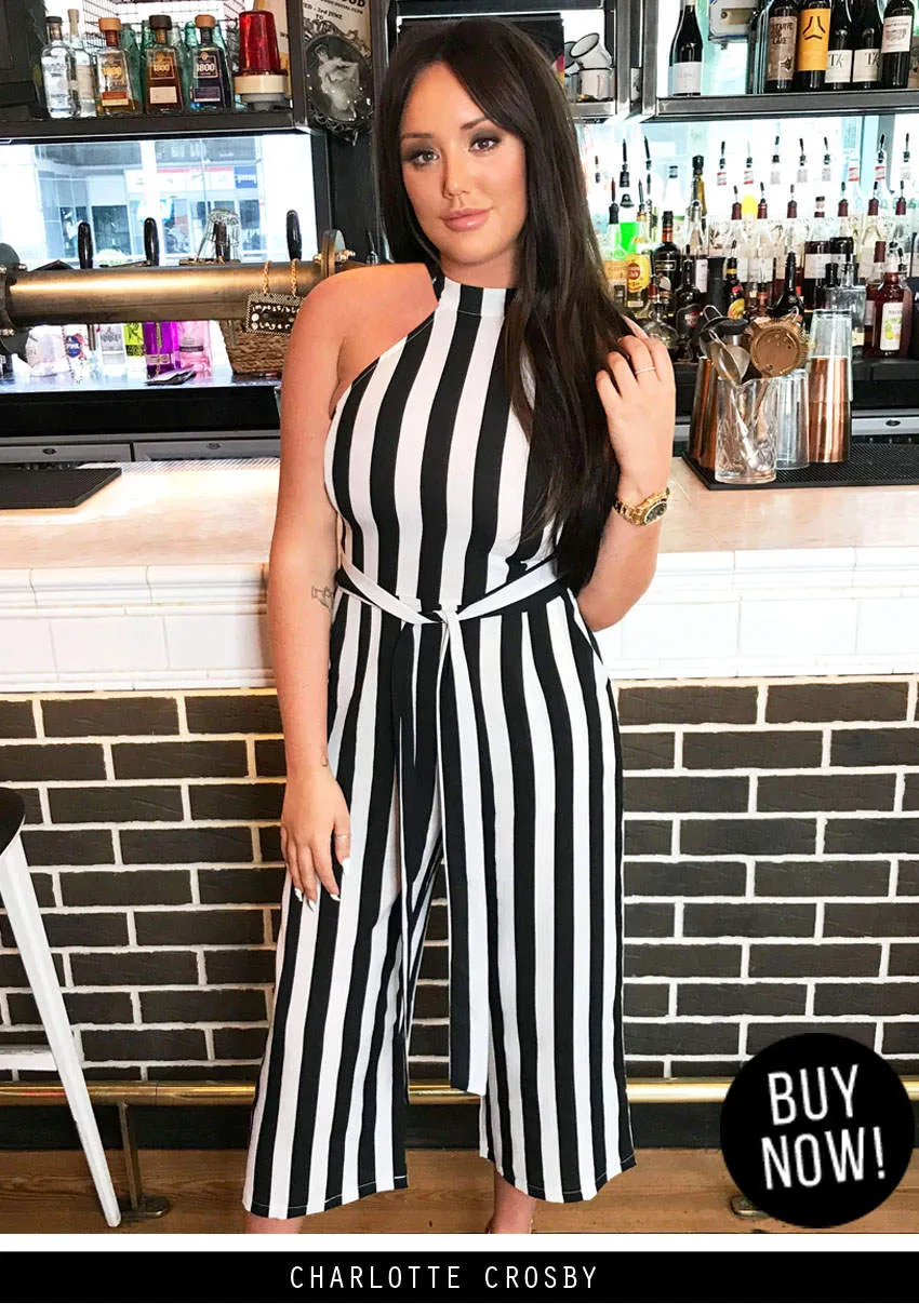 Black and White Stripped Cut in Neck Jumpsuit sold by AX Paris