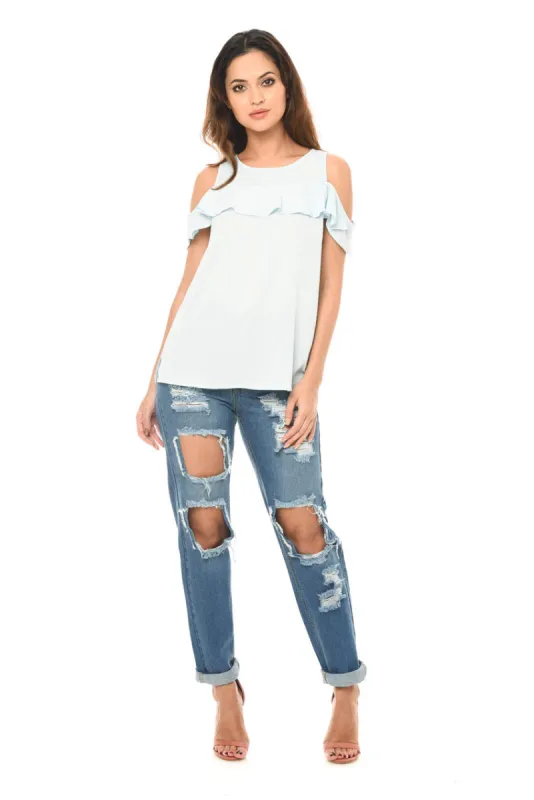 Blue Loose Fitting Ripped Jeans sold by AX Paris