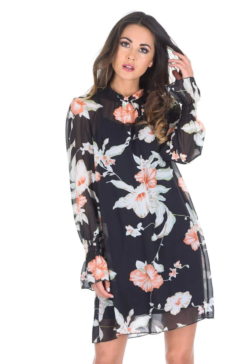 Black Chiffon Printed Dress With Elasticated Bell Sleeves sold by AX Paris