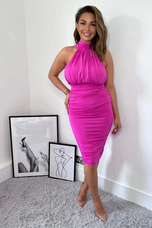 Hot Pink Ruched High Neck Midi Dress sold by AX Paris