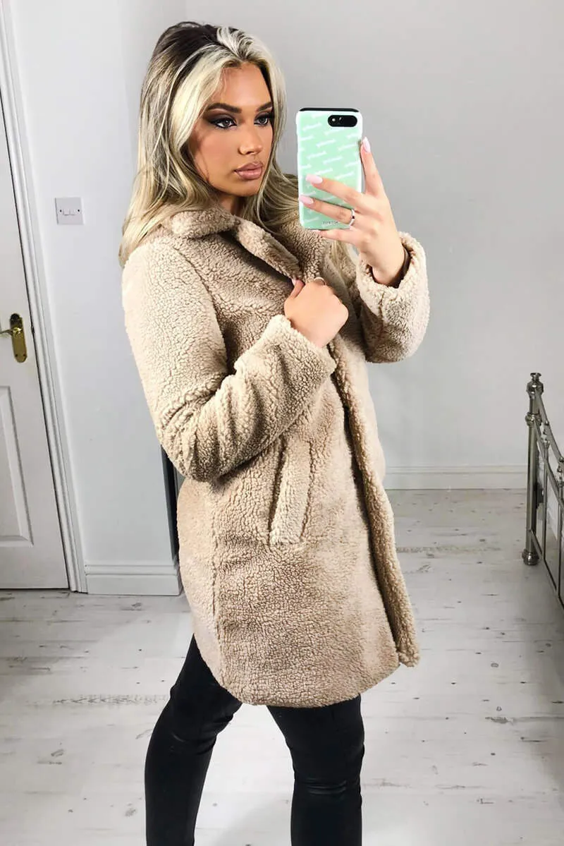 Oatmeal Teddy Faux Fur Coat With Collar sold by AX Paris product image thumbnail 4