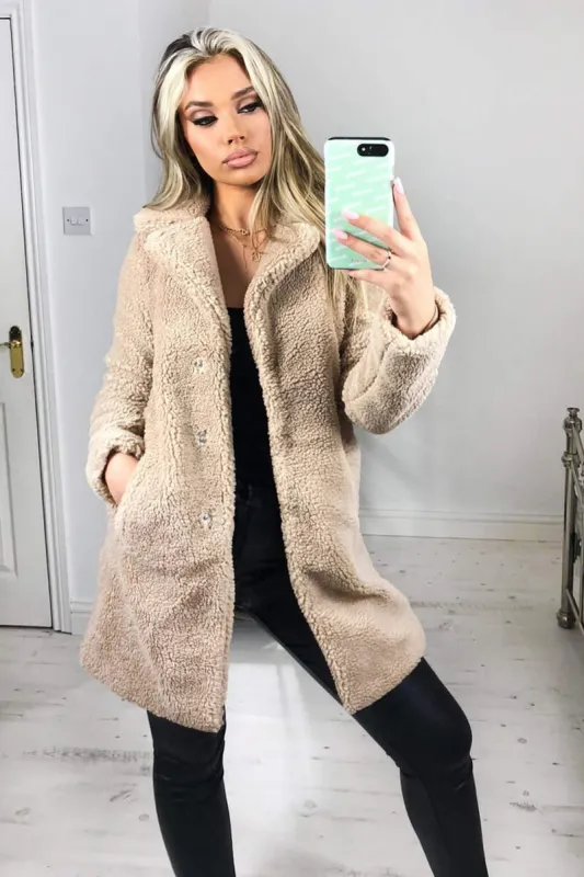Oatmeal Teddy Faux Fur Coat With Collar sold by AX Paris
