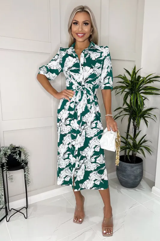 Green And White Floral Printed 3/4 Sleeve Midi Shirt Dress sold by AX Paris