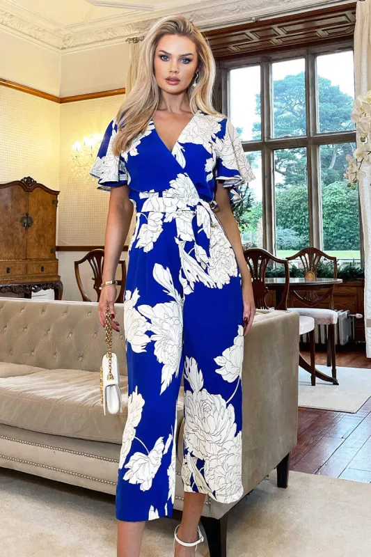 Blue And Cream Floral Printed Butterfly Sleeve Belted Jumpsuit sold by AX Paris