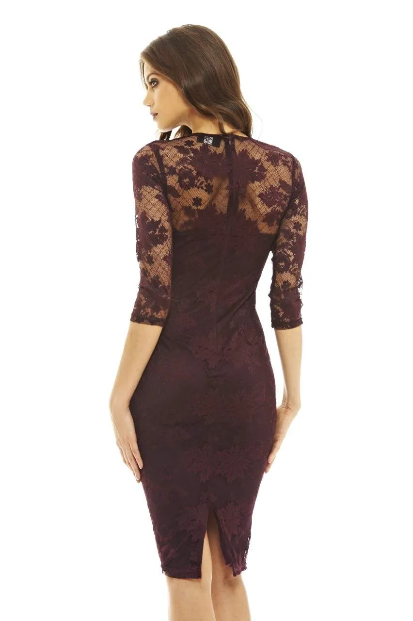 Plum Bodycon Midi Dress with Lace Sleeves sold by AX Paris product image thumbnail 3