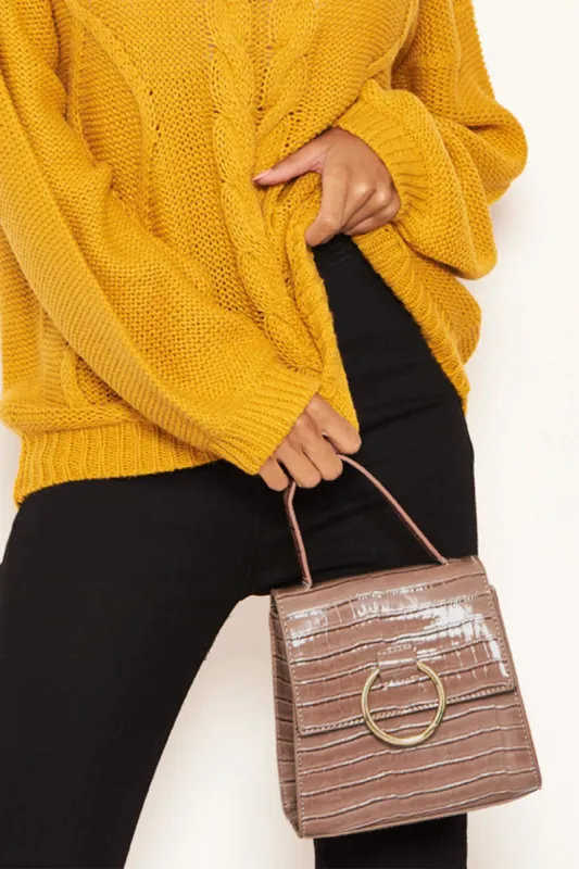 Nude Croc Mini Patent Bag With Gold Ring sold by AX Paris