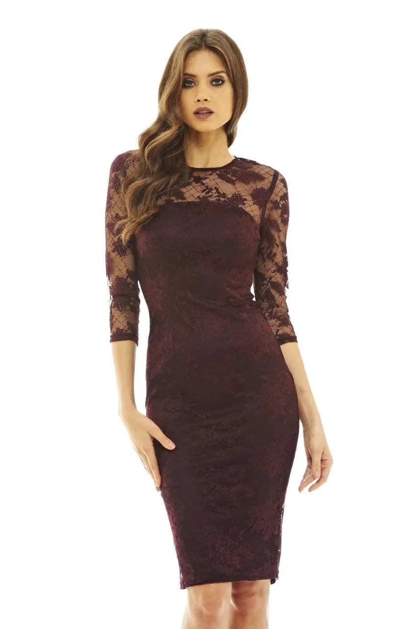 Plum Bodycon Midi Dress with Lace Sleeves sold by AX Paris