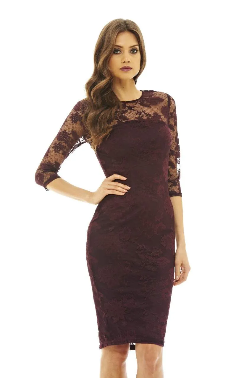 Plum Bodycon Midi Dress with Lace Sleeves sold by AX Paris product image thumbnail 2