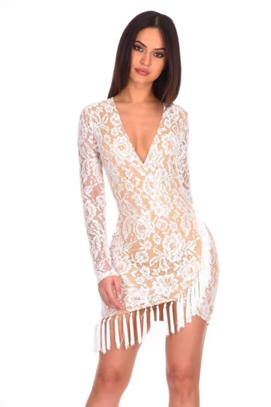 Cream Lace Sleeved Bodycon Dress sold by AX Paris