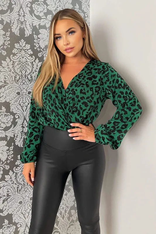 Green Leopard Print Wrap Bodysuit sold by AX Paris