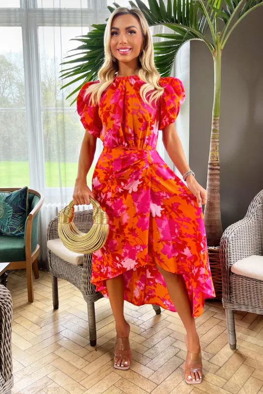Pink And Orange Floral Printed Short Puff Sleeve Gathered Side Midi Dress sold by AX Paris